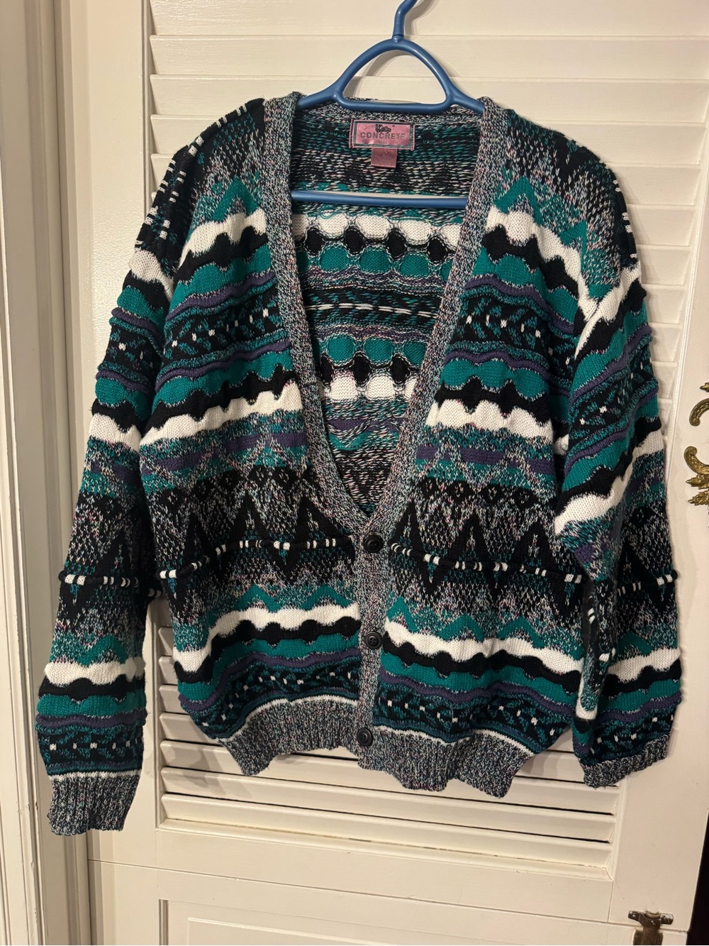 Vintage Concrete Mix Teal & Black Patterned V-Neck grandpa’s Cardigan Sweater L